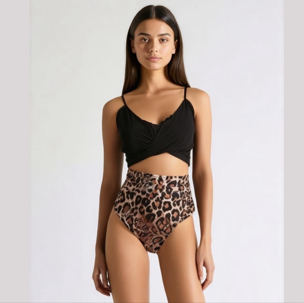 Ruuhee Crisscross Leopard Print 2 Piece Swimsuit High Waisted Bikini Swim NWT